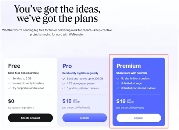 wetransfer pricing page screenshot